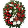 ПОГРЕБЕНИЕ И ТРАУРНИ АРАНЖИРОВКИ - Венец за погребение карамфили, кала, хризантема и антуриум